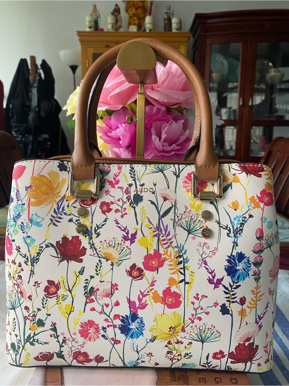 Floral Print Satchel with Brown Handles